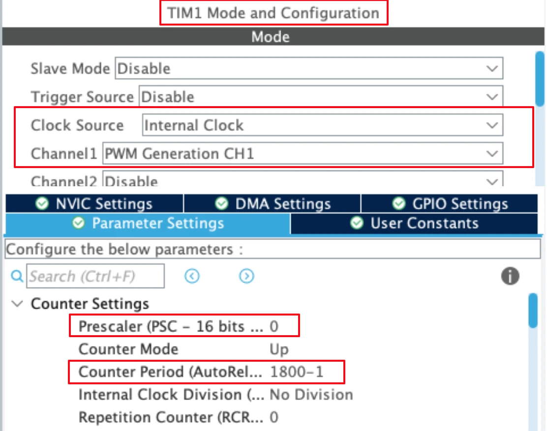 image shows the Timer 1 configuration to generate the PWM output signal.