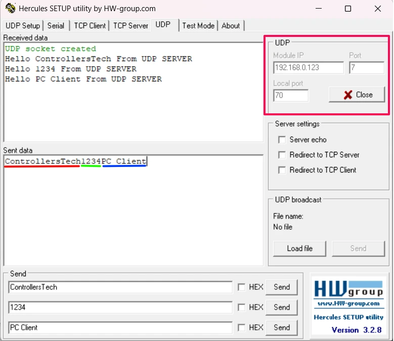 Image shows the data sent by PC as USP client to STM32 UDP server and the data received by the UDP client.