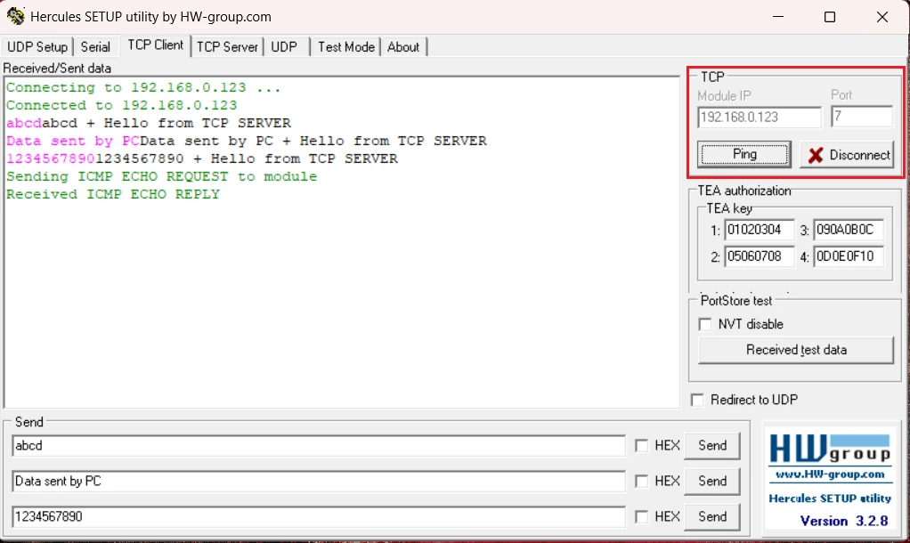 The image shows the result of sending a message from Hercules to the STM32 TCP server.
