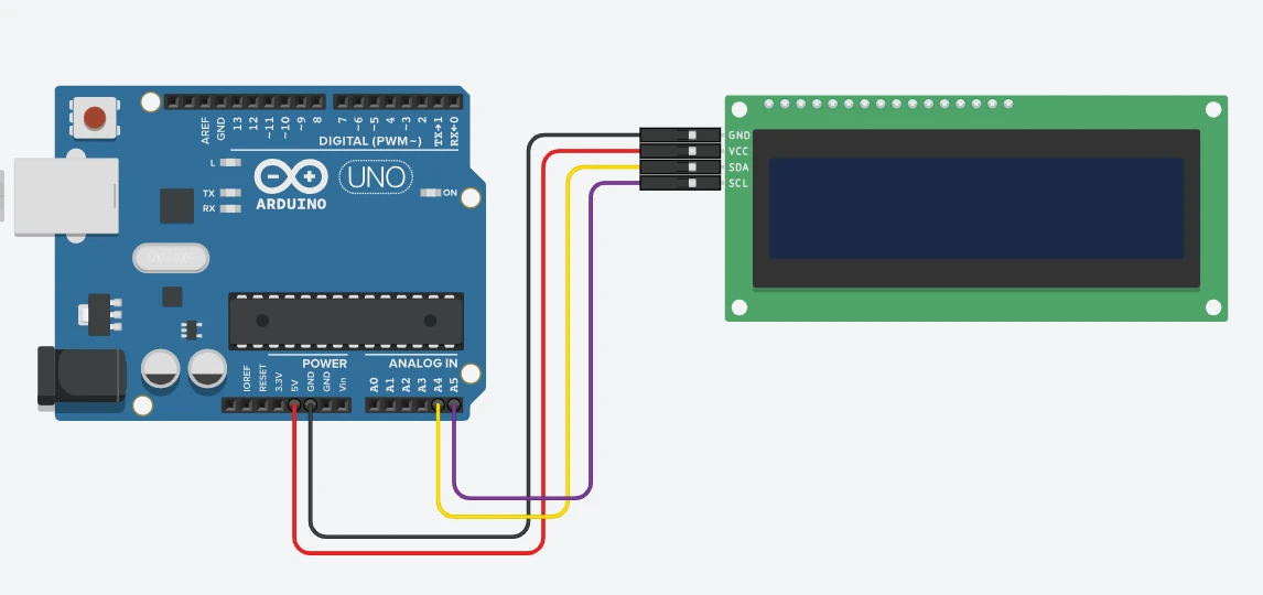 Wiring between I2C LCD1602 and Arduino Uno, connecting A4 to SDA and A5 to SCL.