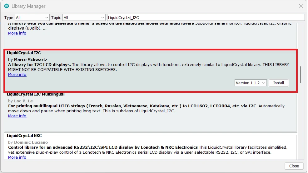 Add the I2C LCD1602 liquidcrystal_I2C library to Arduino IDE.