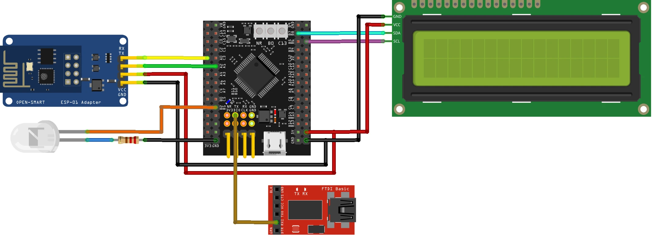 STM32 ESP8266 Connection with FT232, LCD I2C and LED.