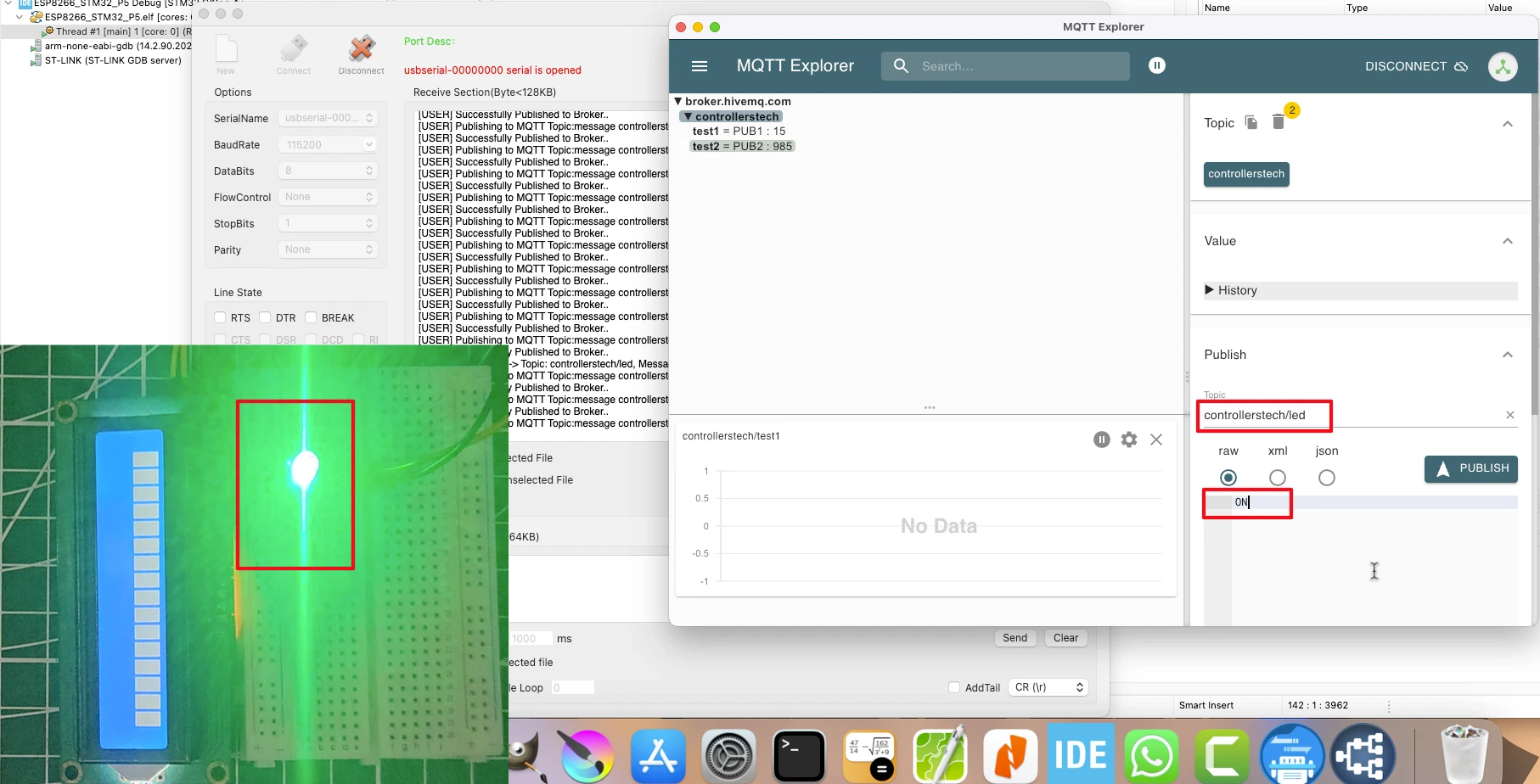 LED turned ON by the Message published to the MQTT topic controllerstech/led