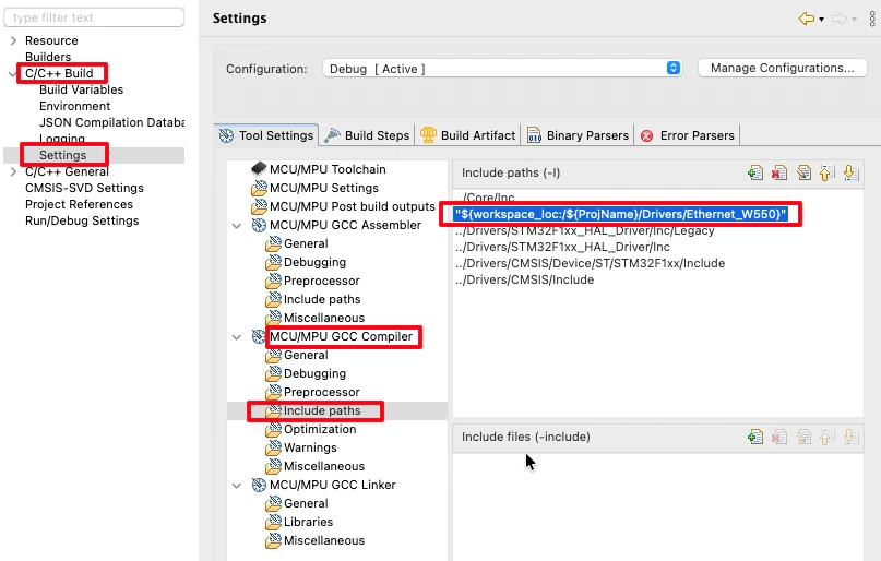 Adding the path to the Ethernet W5500 folder to the include path in the project properties.