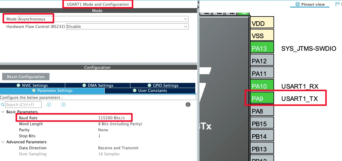 STM32 UART configuration to view the logs on the serial console