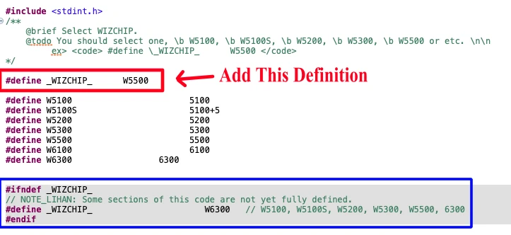 Add the W5500 chip definition is wizchip_conf.h file.