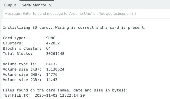 SD Card information is printed on the serial console when interfaced with Arduino via SPI.