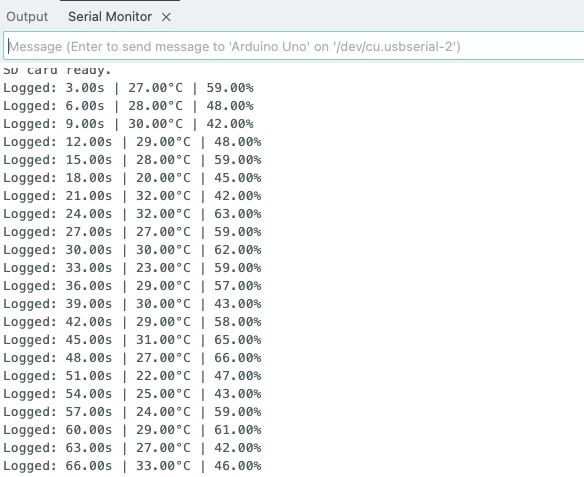 Logs on the Arduino serial console indicate that the data is written to the CSV file.