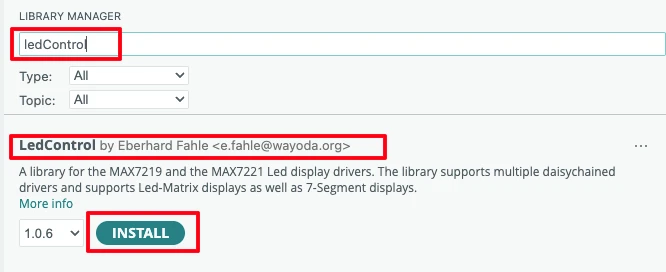 Add the ledControl library to Arduino IDE.