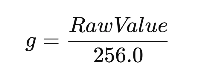 ADXL345 formula to convert raw value to g format.