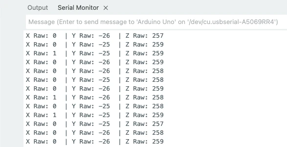ADXL345 Raw X, Y and Z values printed on the serial monitor of the Arduino IDE. The sensor is connected via I2C.