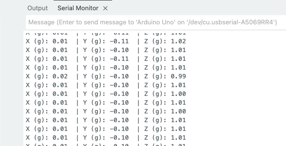ADXL345 g values for the X, Y and Z axes are printed on the serial monitor of the Arduino IDE. The sensor is connected via I2C.