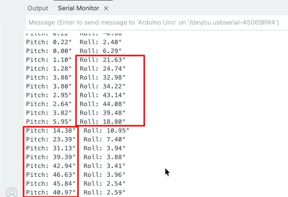 ADXL345 Roll and Pitch values are printed on the serial monitor of the Arduino IDE. The sensor is connected via I2C.