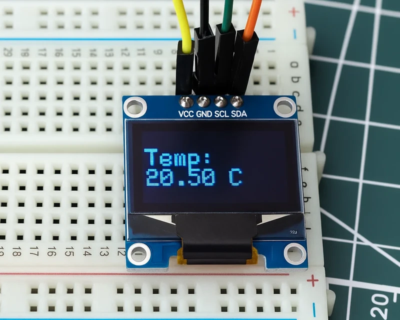 Image showing the temperature data, acquired from DS18B20, is printed on the Oled display.