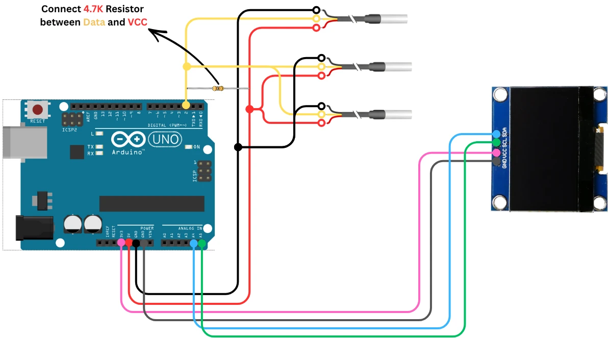 Image showing multiple DS18B20 sensors are connected using same pin to the Arduino.