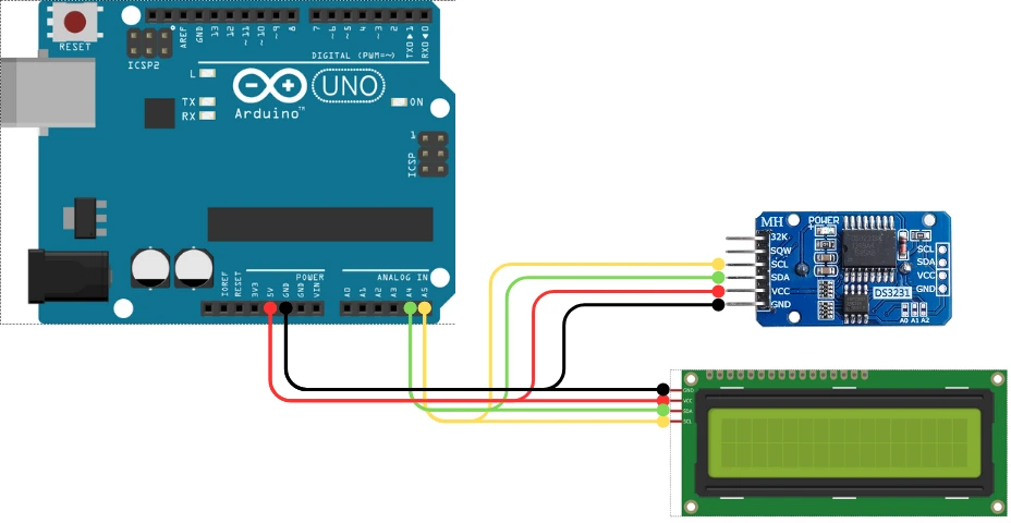 Image showing DS3231 RTC module, LCD1602 I2C module are connected to Arduino via the same I2C.