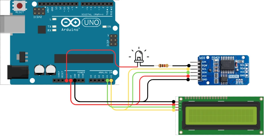 Image showing DS3231 RTC module, LCD1602 I2C module are connected to Arduino via the same I2C.
An LED is connected between 3.3V and SQW pin.