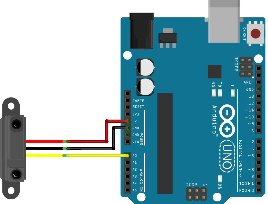 Image showing wiring connection between Arduino and P2Y0A41SK0F IR sensor.