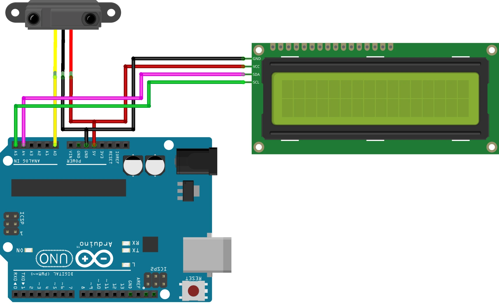 Image showing Wiring connection between Arduino, GP2Y0A41SK0F IR sensor and LCD1602. The LCD is connected via I2C.