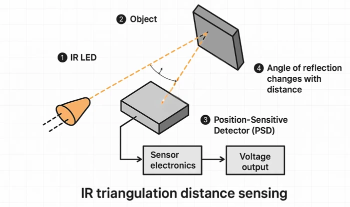 Image showing the infrared triangulation method used by GP2Y0A41SK0F to calculate distance.