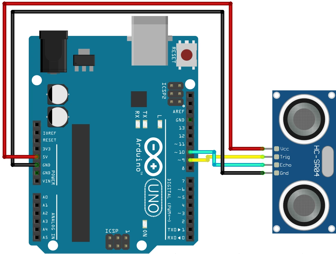Image showing the wiring connection between HC-SR04 and Arduino Uno.
