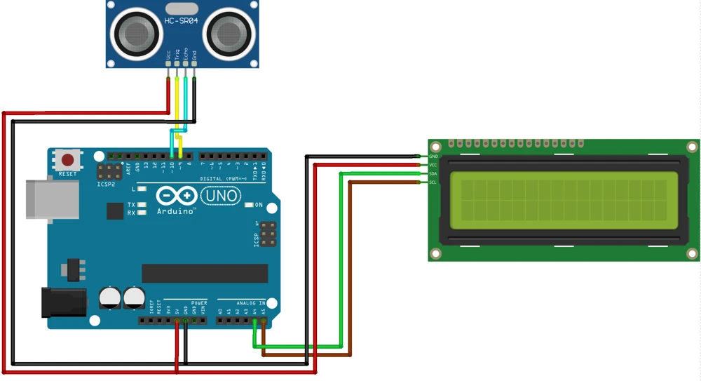 Image showing the wiring connection between HC-SR04, LCD1602 and Arduino Uno. The LCD is connected via I2C.