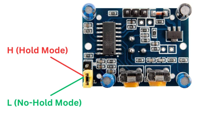 Image showing the jumper on PIR sensor to control the Hold and No-Hold modes.