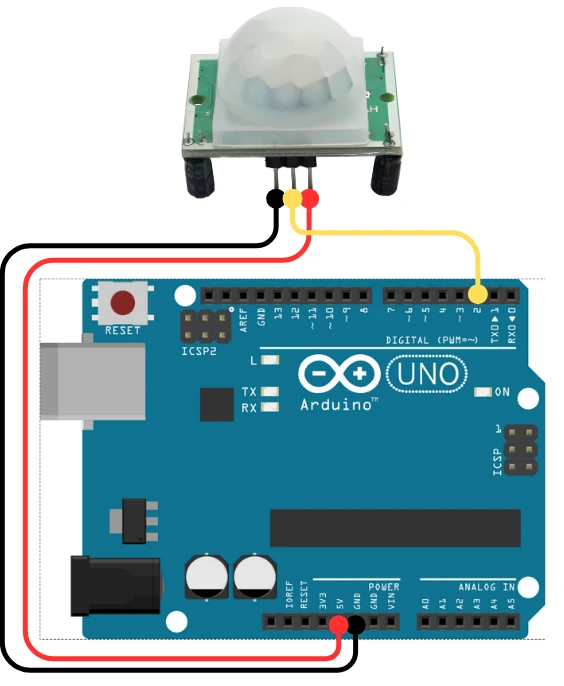 Image showing the wiring connection between PIR sensor and Arduino Uno.