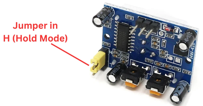 Image shows how to connect the jumper on PIR sensor to put it in Hold Mode.