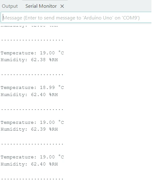 Image showing the output of SHT3X sensor with Arduino. The temperature and humidity values are printed on the Serial console of the Arduino IDE.