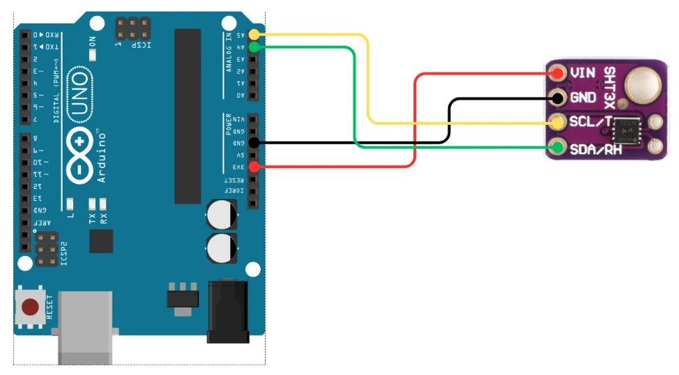 Wiring connection between SHT3X temperature and humidity sensor and Arduino UNO, using the I2C.