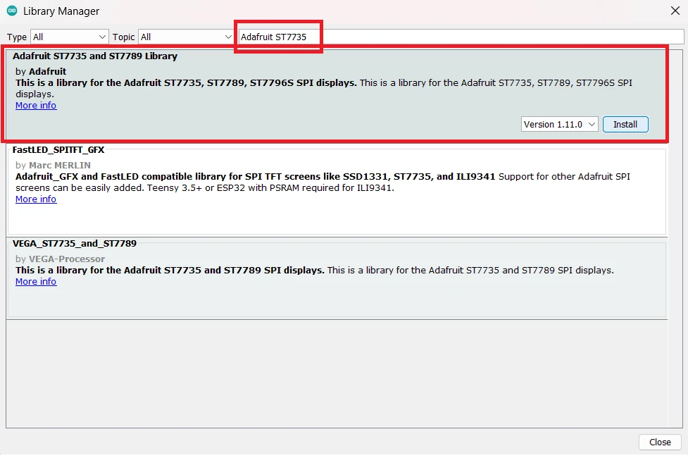 install Adafruit GFX library for ST7735 and ST7789 on Arduino IDE