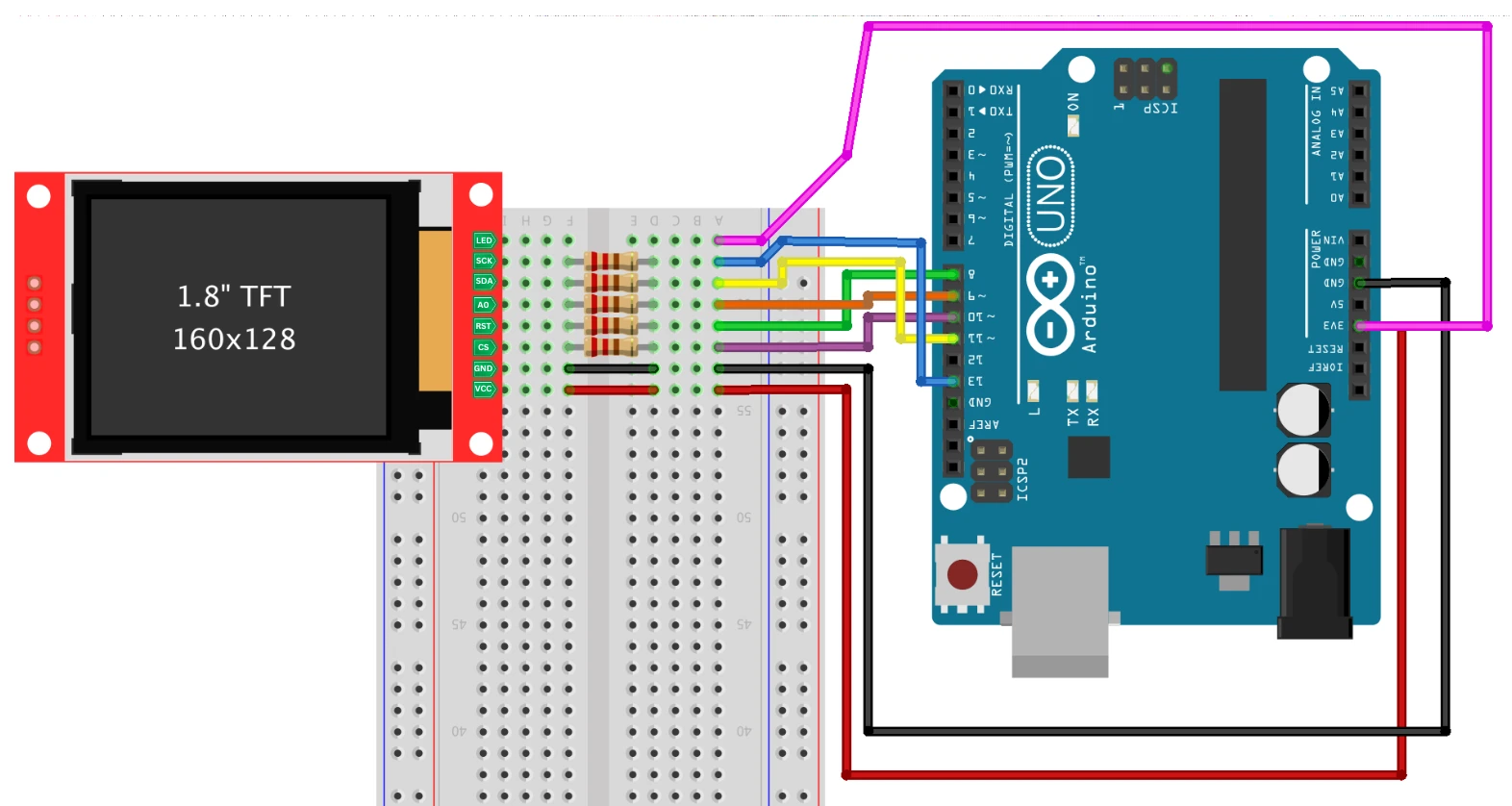 Image showing the wiring diagram between 1.8" ST7735 display and Arduino UNO.