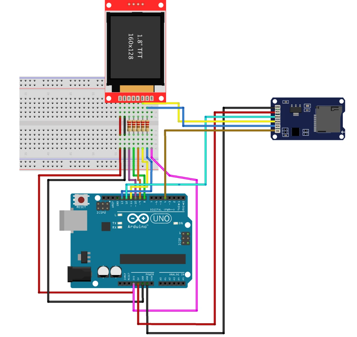 Image showing the wiring between Arduino, ST7735 display and SD card.