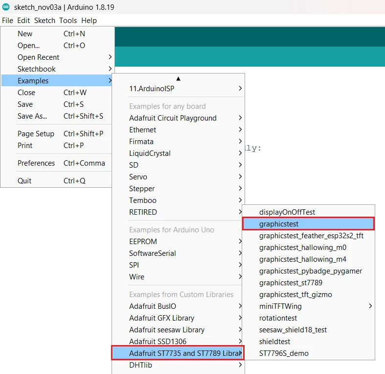 Adafruit example for graphic test on the ST7735 LCD display.