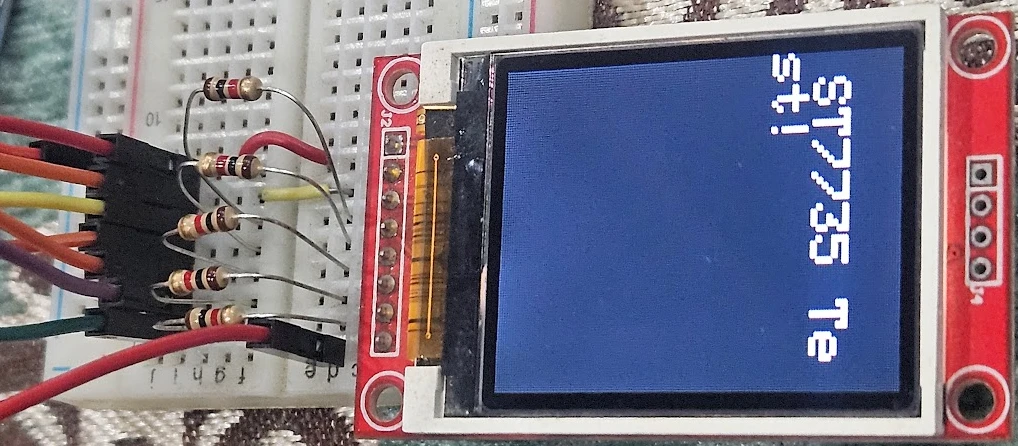 Text being printed on the ST7735 1.8" display connected to Arduino via SPI.