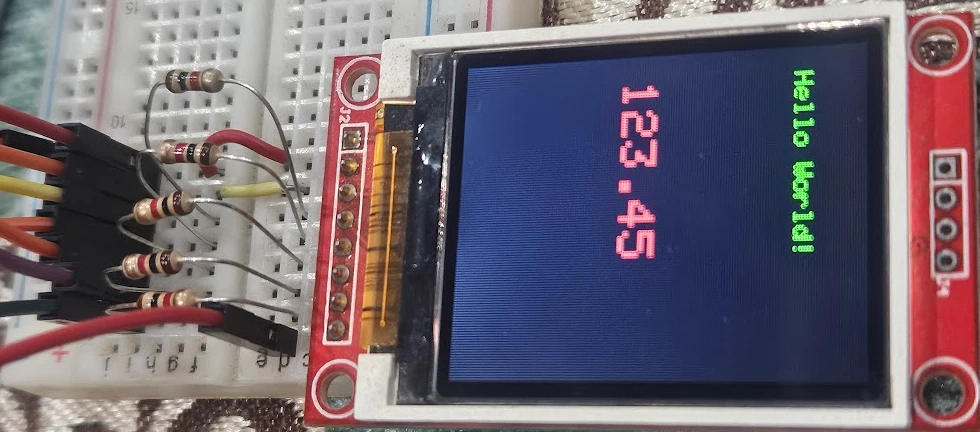 Image shows the text and number being printed on the ST7735 1.8" display.