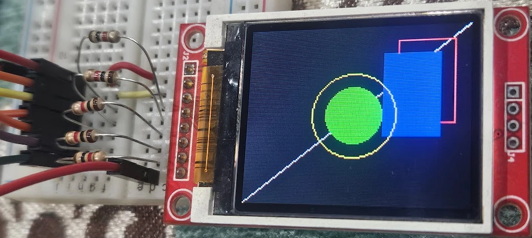 Image shows different shaped are drawn on the 1.8" ST7735 display, connected to the Arduino.