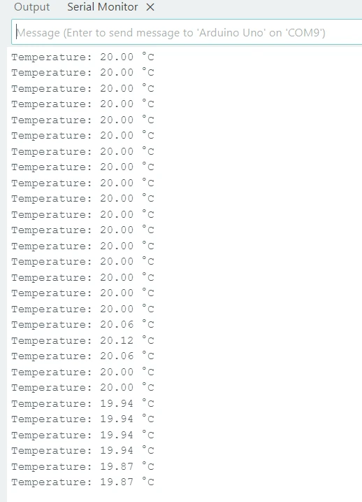 Image showing the temperature data obtaibned from the DS18B20 sensor is printed on the Arduino Serial console.