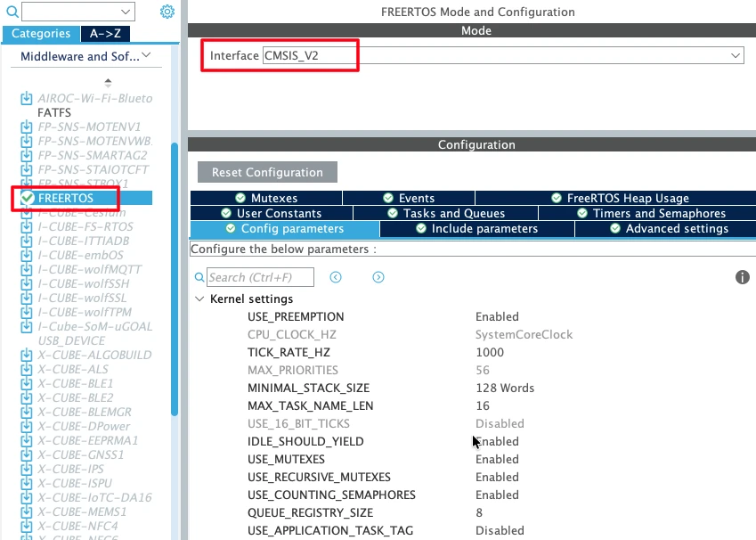 Enable FreeRTOS CMSIS_V2 in STM32CubeMX.