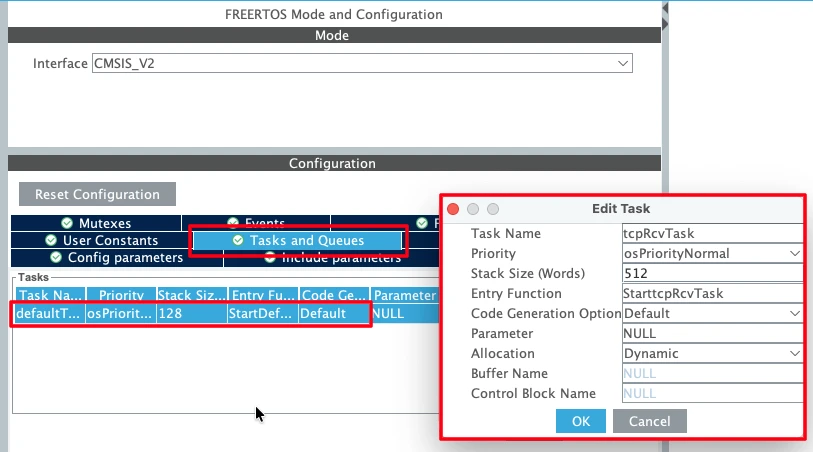 Create TCP server Receive task in the FreeRTOS in STM32CubeMX.