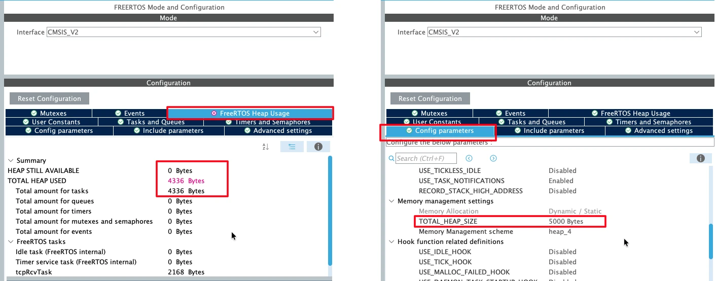Increase the FreeRTOS heap size to include the tasks in STM32CubeMX.