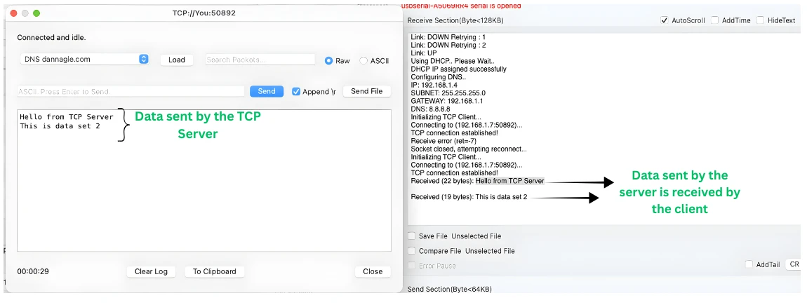 Image shows the client only receives the data from the TCP server. It does not send anything back to the server.