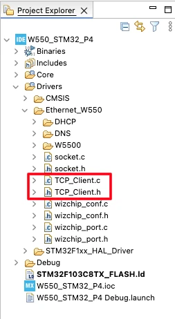Image showing the STM32 W5500 project structure with TCP client library files.
