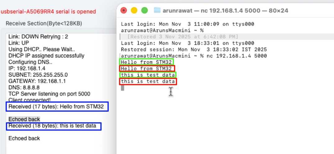 Image shows the data sent by client is printed on the serial console. Also the same data is echoed back to the client by the TCP server on STM32 using W5500.