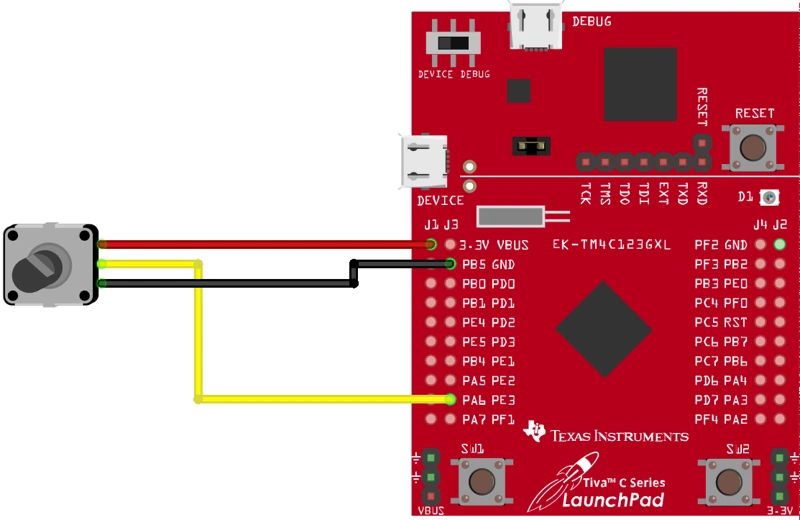 Image showing potentiometer connected to pin PE3 of TM4C123G.