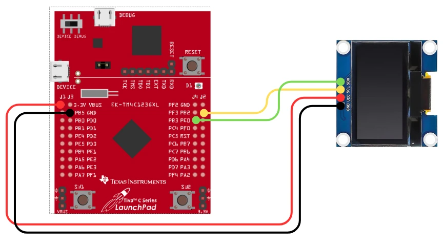 Image showing thewiring connection between TM4C123G and 0.96" SSD1306 Oled display.