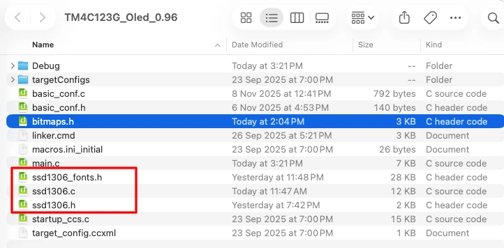The TM4C123G CCStudio project folder must contain the ssd1306 library files.