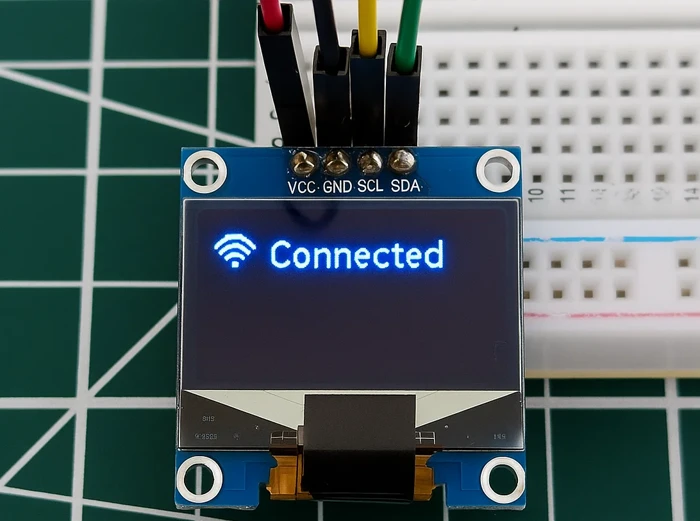 Image showing the wifi icon bitmap along with text are printed on the 0.96" SSD1306 oled display, which is connected to TM4C123G via the I2C.