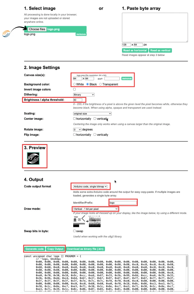 create bitmap using an existing image using Image2CPP tool.